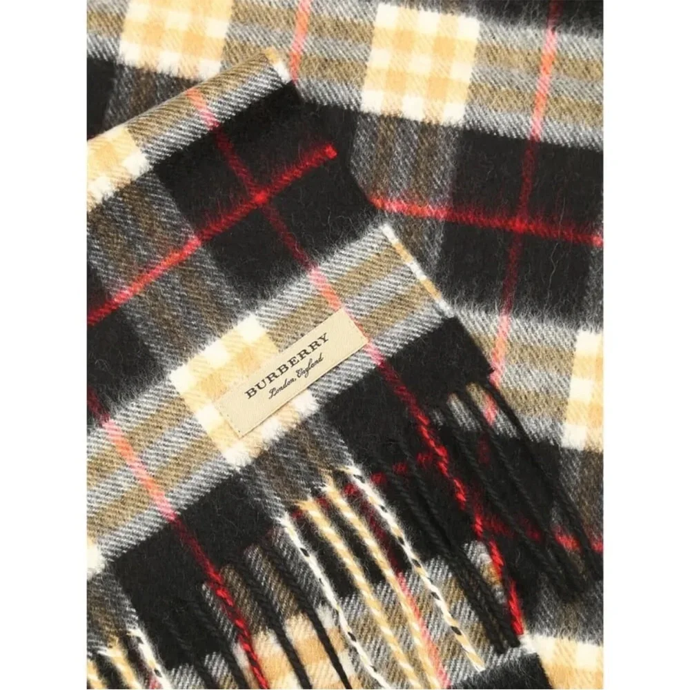 Burberry Cashmere Vintage Check Black Striped Logo Fringed Scarf